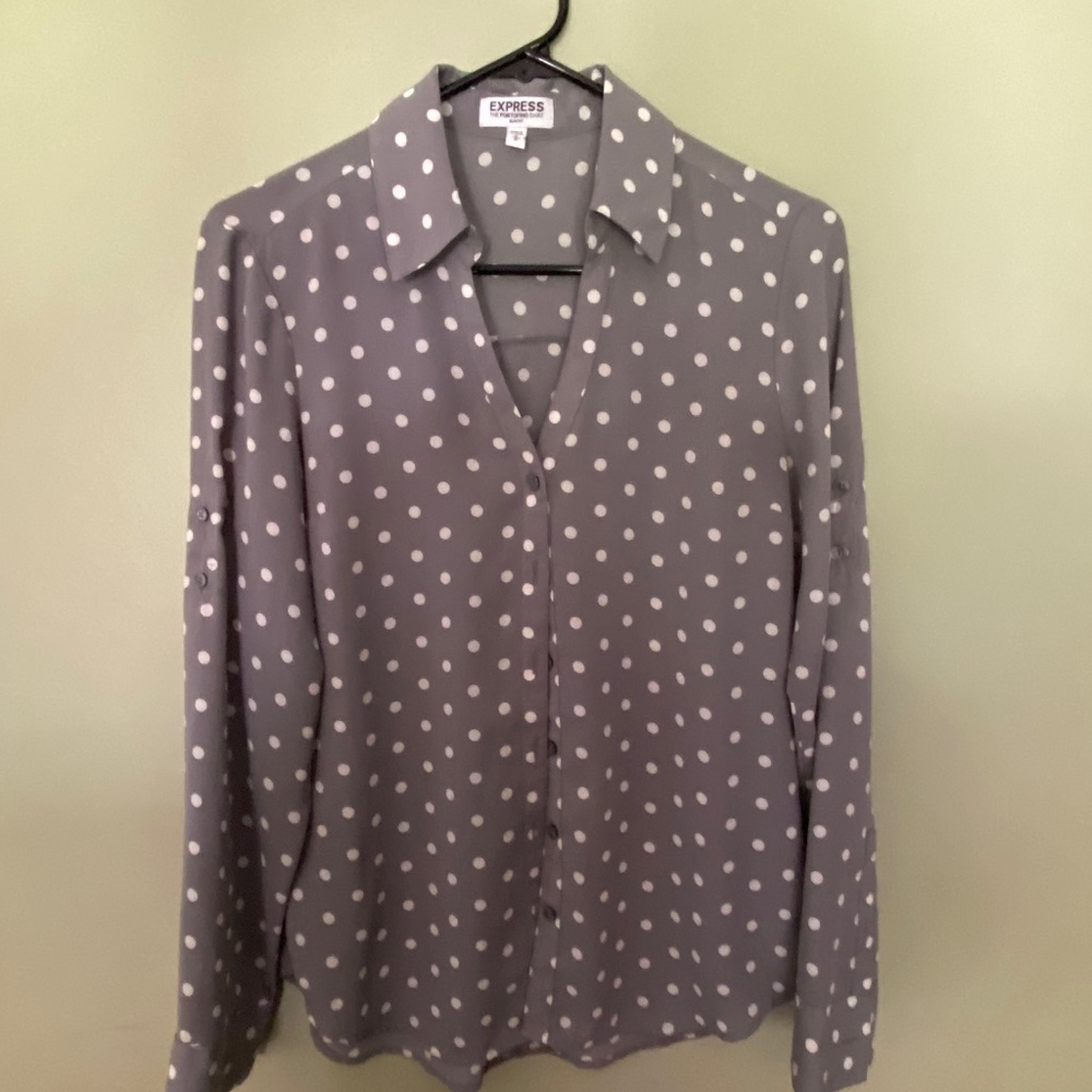 Express Portofino Blouse Shirt gray and white polka dots slim fit size S
